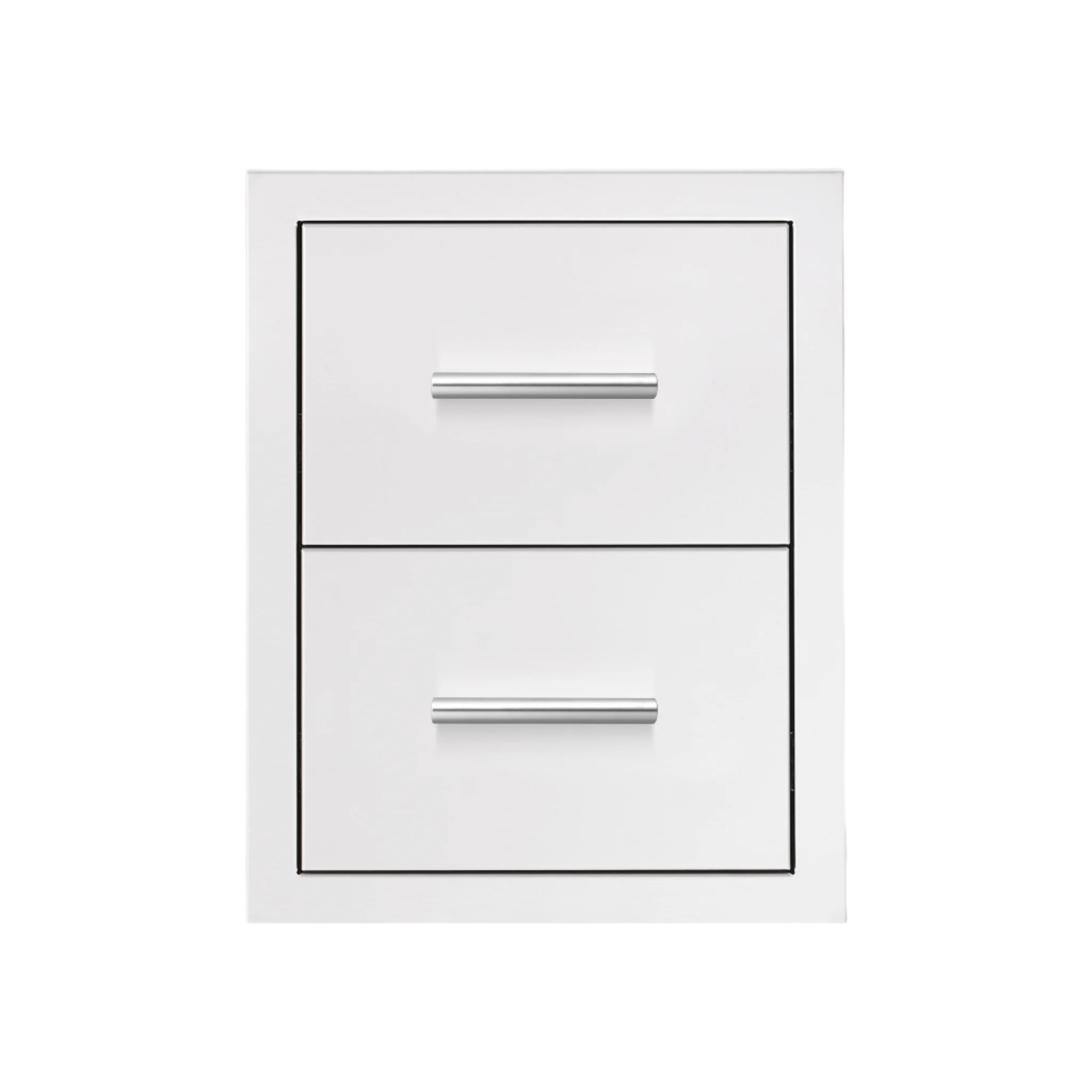 An image showing a 17 inch double storage drawer with masonry frame return, stainless steel, and sleek curved handles.