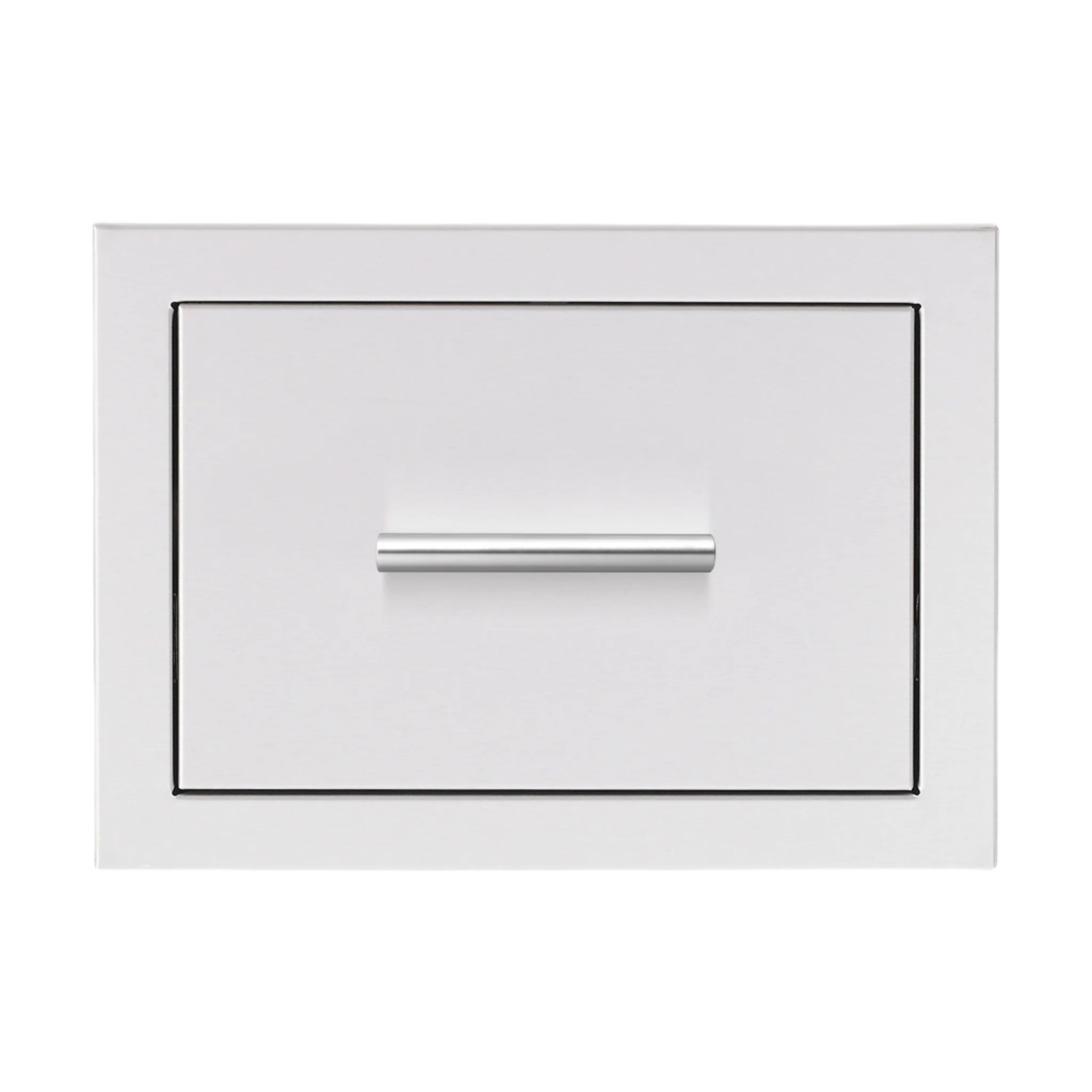 A white, closed Summerset Grills storage drawer with a sleek curved handle, made of stainless steel, designed for outdoor kitchen use.