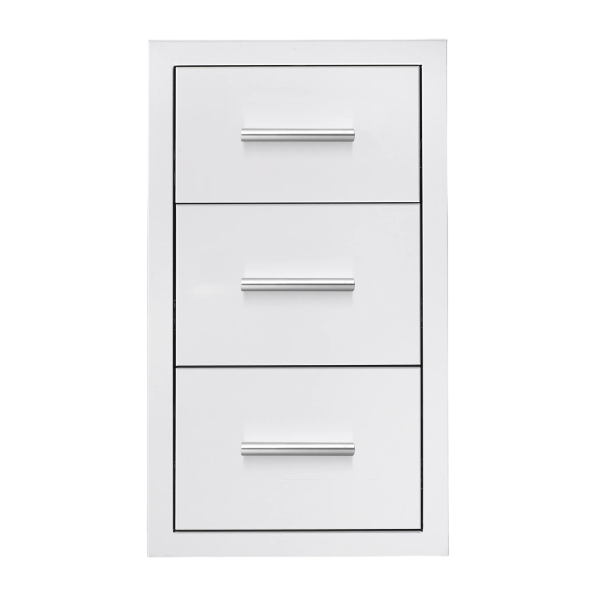 Summerset Grills 17 inch triple storage drawer with sleek curved handles, fully enclosed with stainless steel construction.