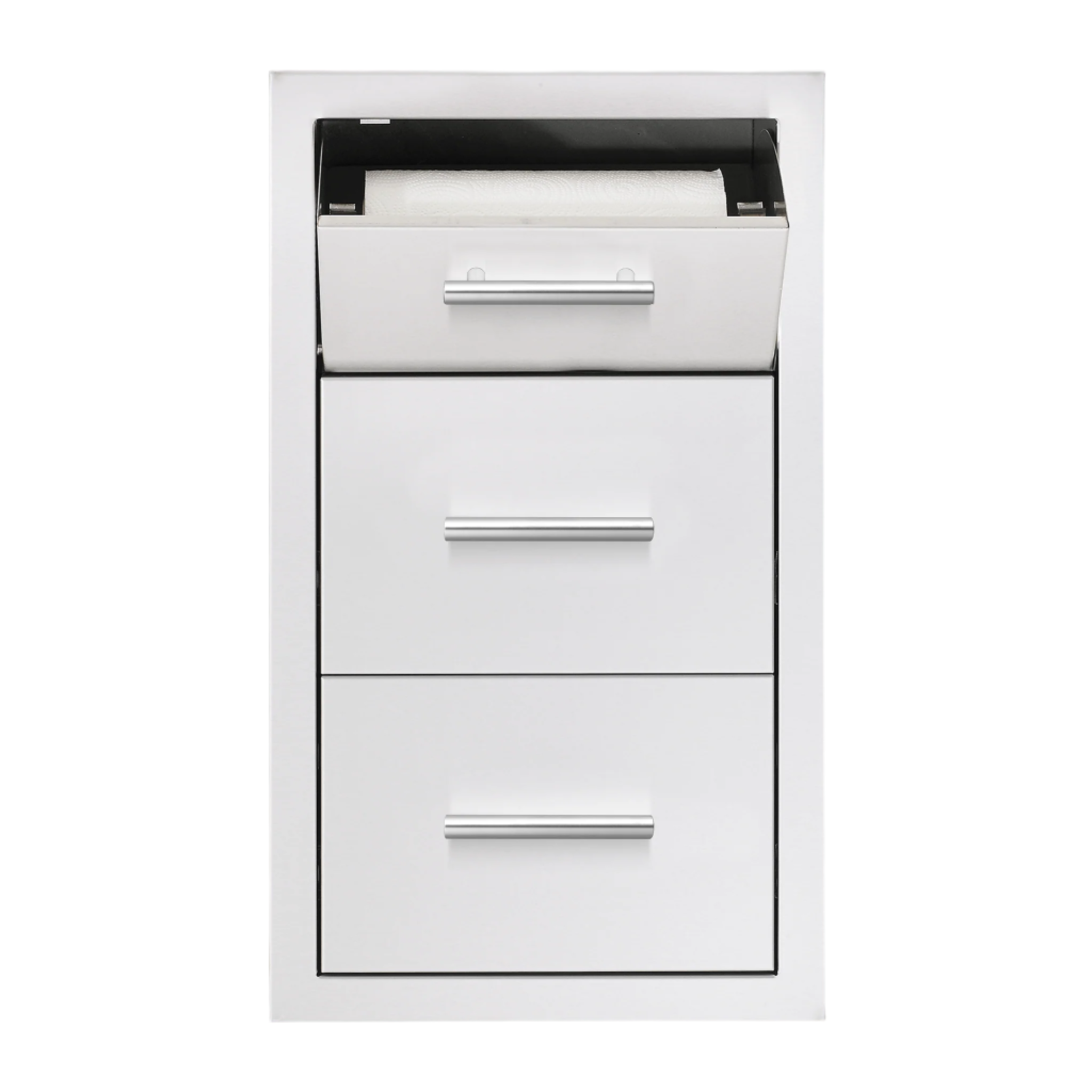 White drawer unit with three compartments on a plain background