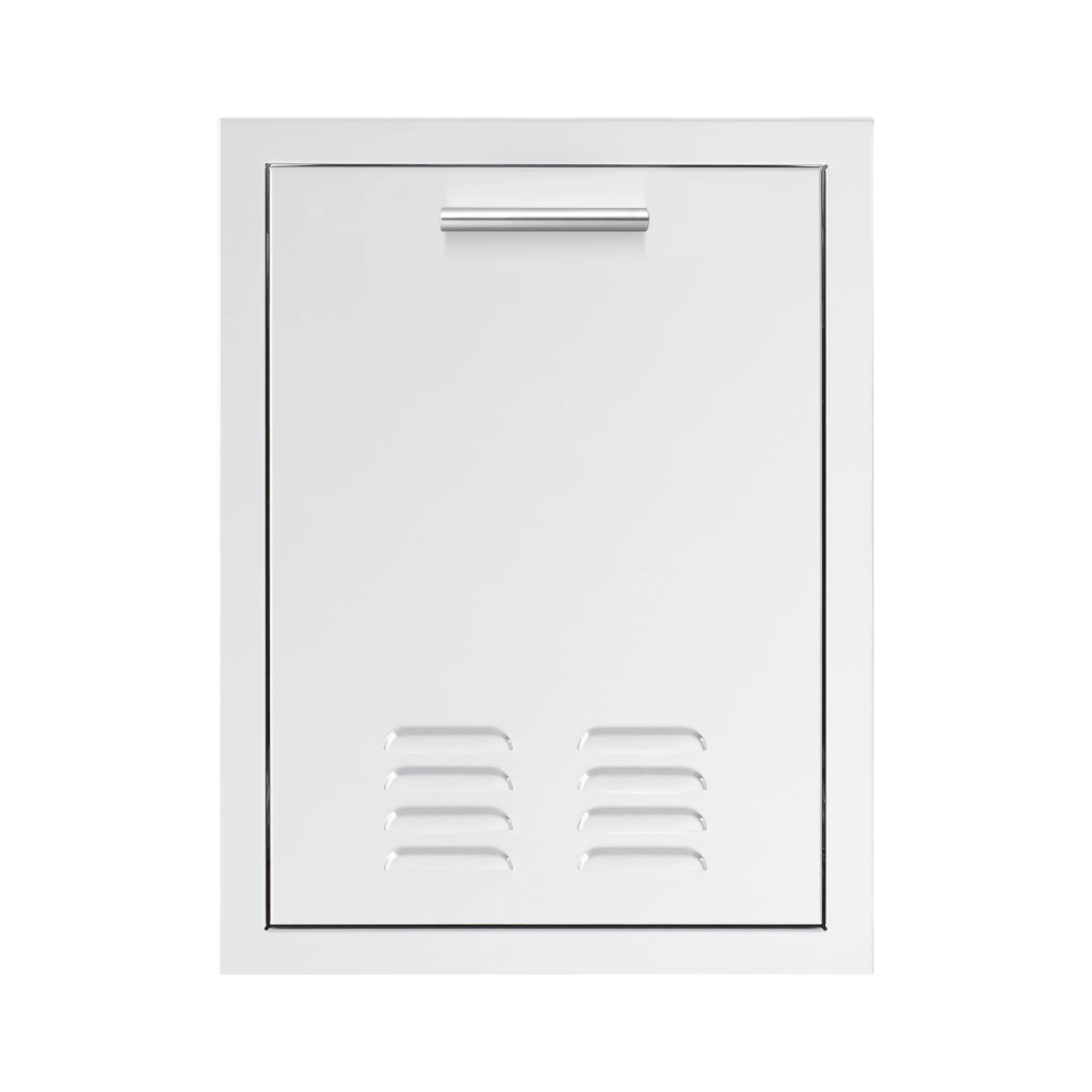 A white, vented outdoor grill drawer made of stainless steel with a sleek handle on top.