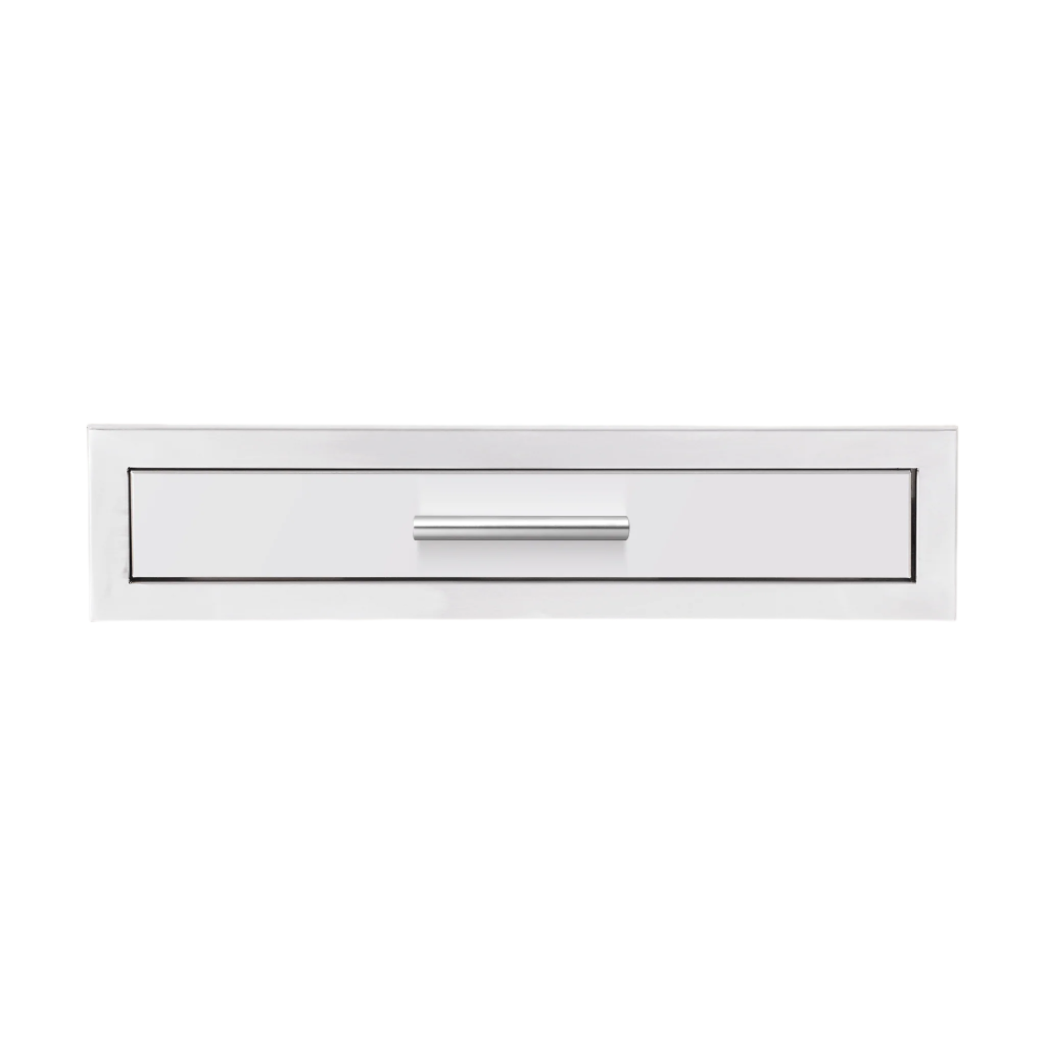 Summerset Grills 26 inch stainless steel utensil storage drawer with a sleek handle.