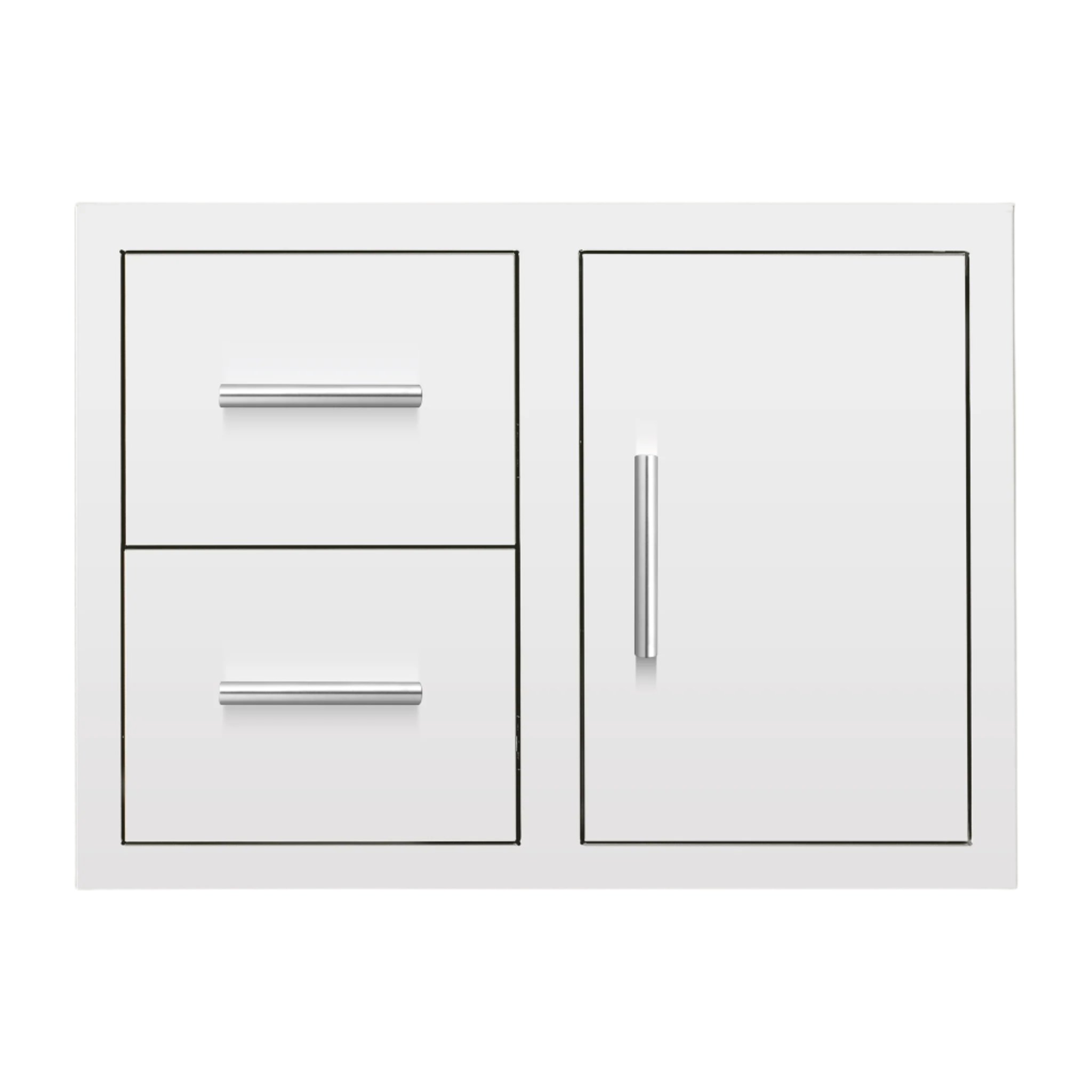 Summerset Grills 36 inch outdoor kitchen drawer and access door combo, featuring two drawers and a right-hinged door with sleek handles, in a white finish.