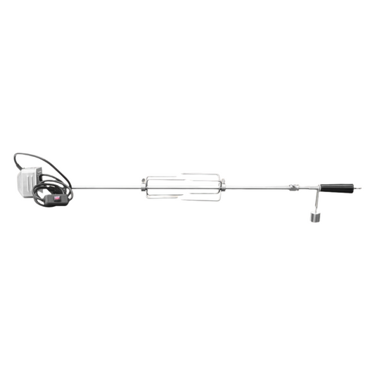 A Summerset Grills rotisserie kit with a stainless steel motor, fork set, counterbalance, and spit rod.
