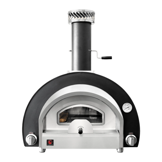 A black and silver Summerset Grills Hybrid Pizza Oven with a visible temperature gauge and a vertical chimney.