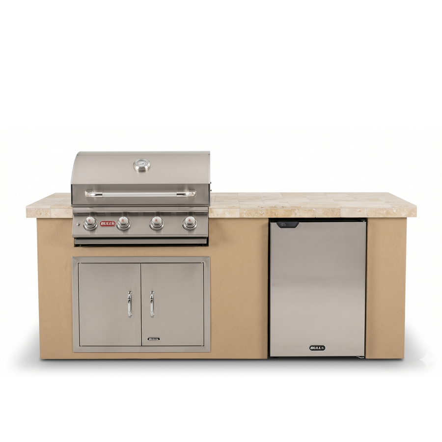 Living Outdoorsy 6' Complete Outdoor Kitchen Island - Bull Outlaw 30" Grill Package | Warm Sand Stucco & Travertine Tile Countertop