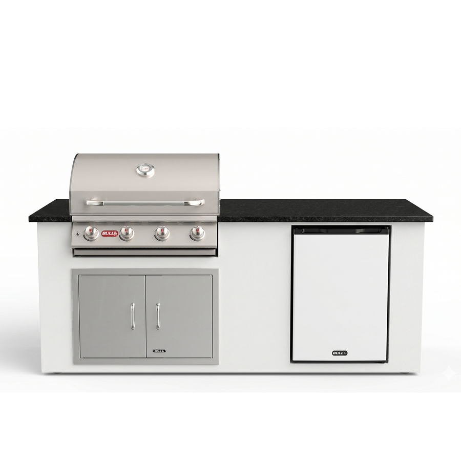 Living Outdoorsy 6' Complete Outdoor Kitchen Island - Bull Outlaw 30" Grill Package | White Stucco & Black Granite Countertop
