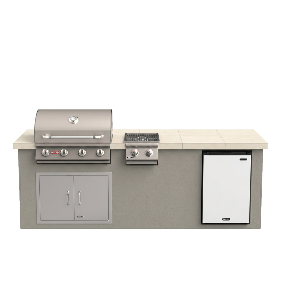 Living Outdoorsy 8' Complete Outdoor Kitchen Island - Bull Outlaw 30" Grill Package | Grey Stucco & Cream Tile