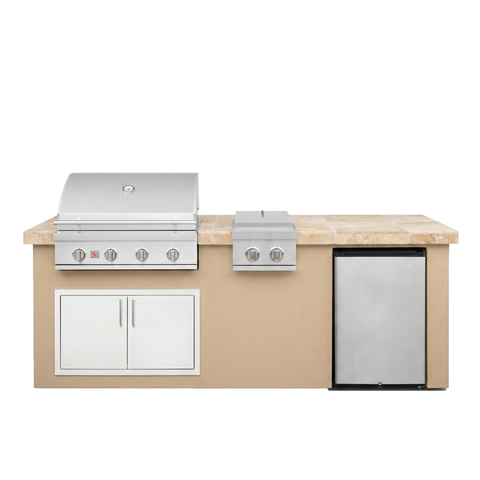 Living Outdoorsy 8’ Complete Outdoor Kitchen Island — Summerset Sizzler SZR32 Grill Package | Warm Sand Stucco & Travertine Tile Countertop — outdoor living product at Living Outdoorsy