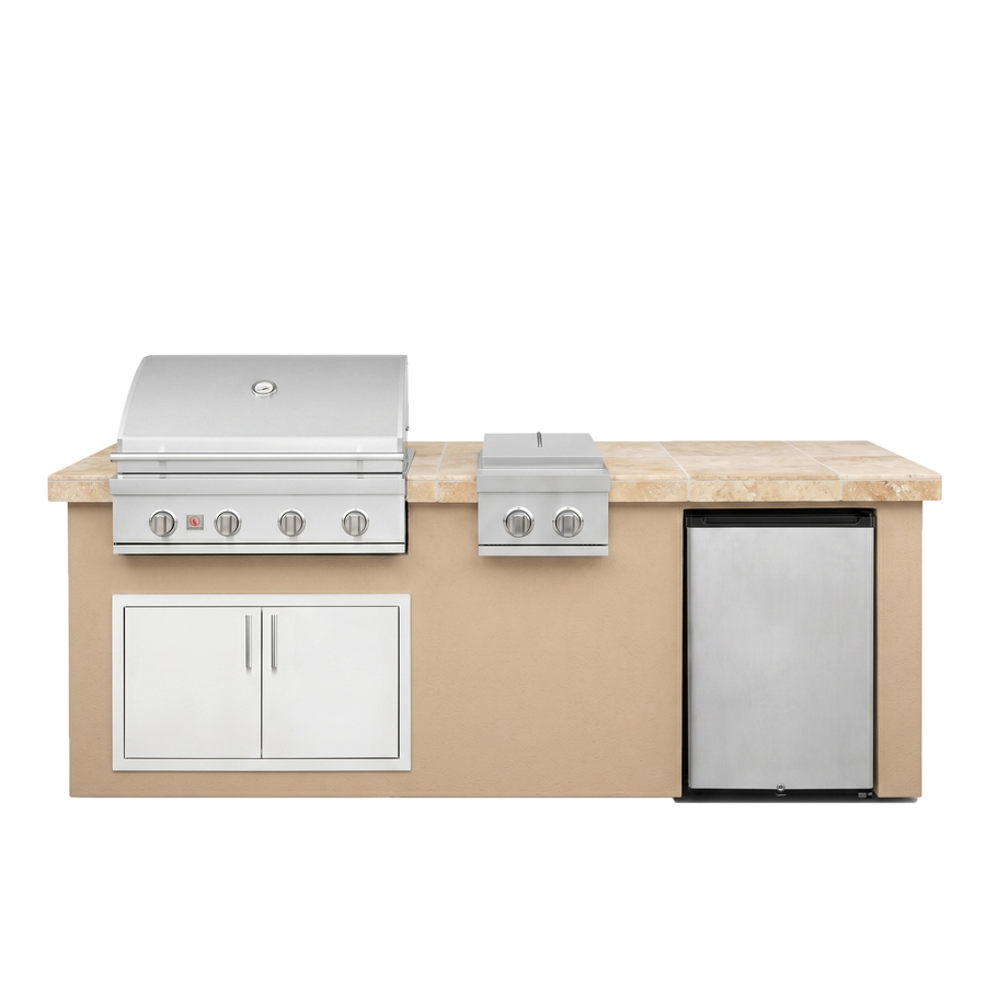 Living Outdoorsy 8’ Complete Outdoor Kitchen Island — Summerset Sizzler SZR32 Grill Package | Warm Sand Stucco & Travertine Tile Countertop
