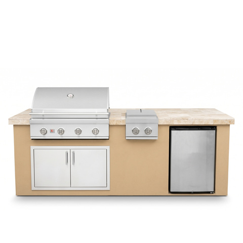Living Outdoorsy 7' Complete Outdoor Kitchen Island — Summerset Sizzler SZR32 Grill Package | Warm Sand Stucco & Travertine Tile Countertop — outdoor living product at Living Outdoorsy