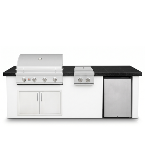 Living Outdoorsy 8' Complete Outdoor Kitchen Island — Summerset Sizzler SZR32 Grill Package | White Stucco & Black Granite Countertop — outdoor living product at Living Outdoorsy