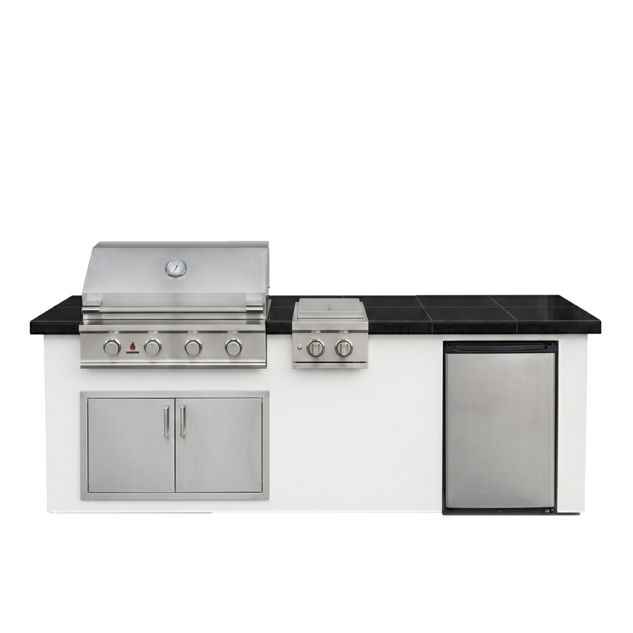 Living Outdoorsy 8' Complete Outdoor Kitchen Island — True Flame TFE32 Grill Package | White Stucco & Black Granite