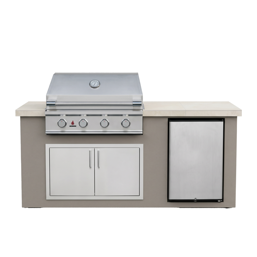 Living Outdoorsy 6' Complete Outdoor Kitchen Island — True Flame TFE32 Grill Package | Grey Stucco & Cream Porcelain Countertop