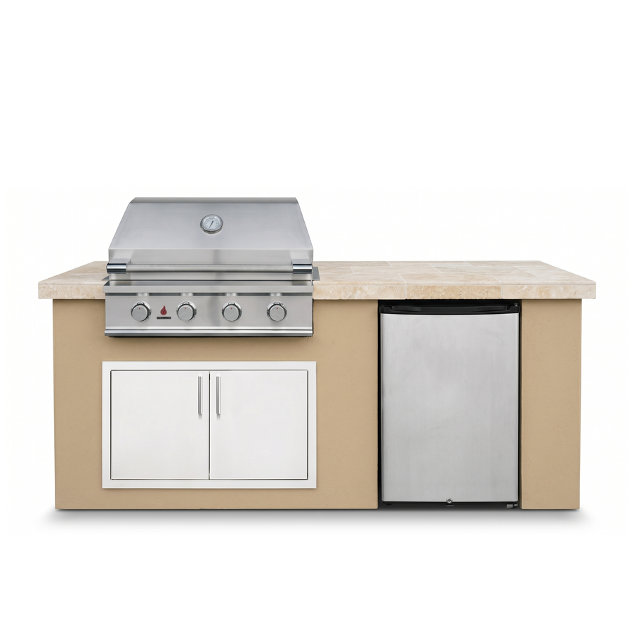 Living Outdoorsy 6' Complete Outdoor Kitchen Island — True Flame TFE32 Grill Package | Warm Sand Stucco & Travertine Tile Countertop