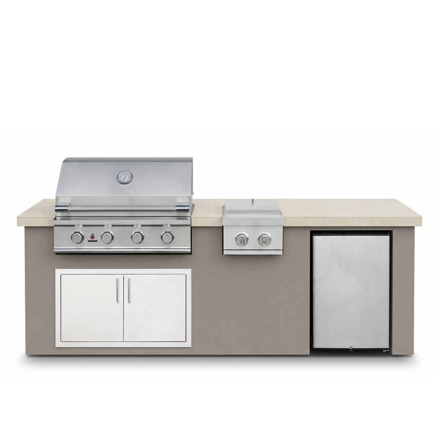 Living Outdoorsy 7' Complete Outdoor Kitchen Island — True Flame TFE32 Grill Package | Grey Stucco & Cream Porcelain Countertop