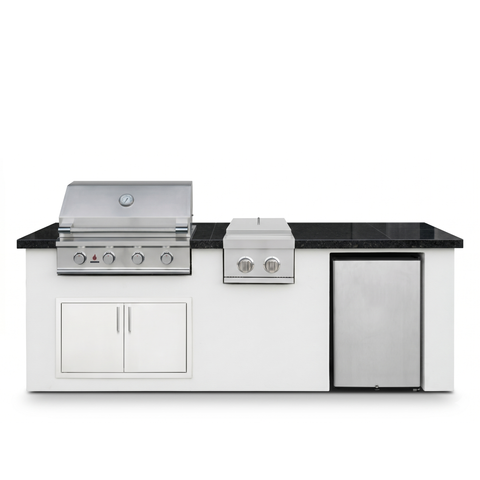 Living Outdoorsy 7' Complete Outdoor Kitchen Island — True Flame TFE32 Grill Package | White Stucco & Black Granite Countertop — outdoor living product at Living Outdoorsy