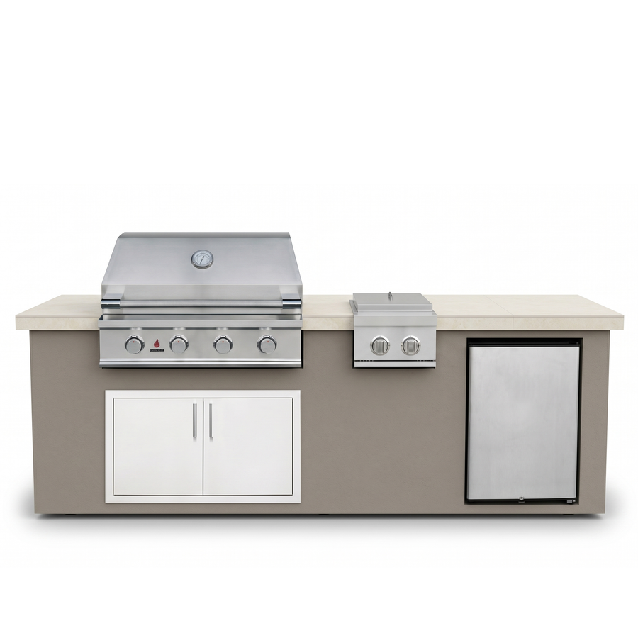 Living Outdoorsy 8' Complete Outdoor Kitchen Island — True Flame TFE32 Grill Package | Grey Stucco & Cream Porcelain Countertop