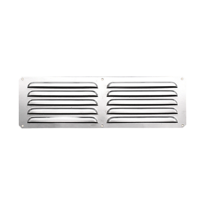 A 14x5 inch stainless steel island vent panel with horizontal slits for ventilation.