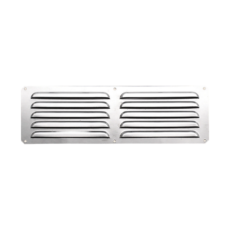 A 14x5 inch stainless steel island vent panel with horizontal slits for ventilation.