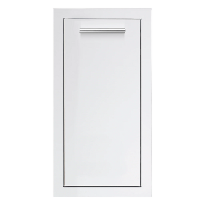 A white, 14 inch narrow trash drawer with a masonry frame and a stainless steel handle, designed for outdoor kitchen use.
