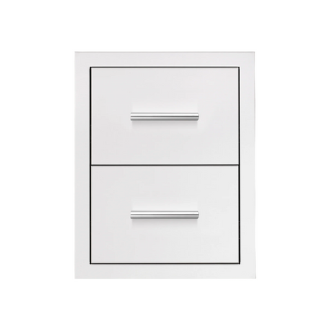 Summerset Grills 17 inch double storage drawer with two closed white drawers and sleek handles. — outdoor living product at Living Outdoorsy