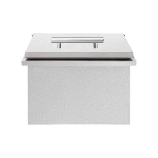 A Summerset Grills 17 inch built-in ice chest with stainless steel construction and curved handles on the top.