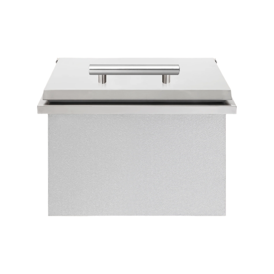 A Summerset Grills 17 inch built-in ice chest with stainless steel construction and curved handles on the top.