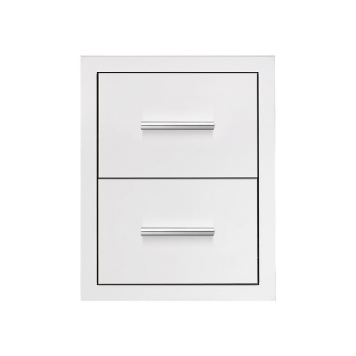 An image showing a 17 inch double storage drawer with masonry frame return, stainless steel, and sleek curved handles.