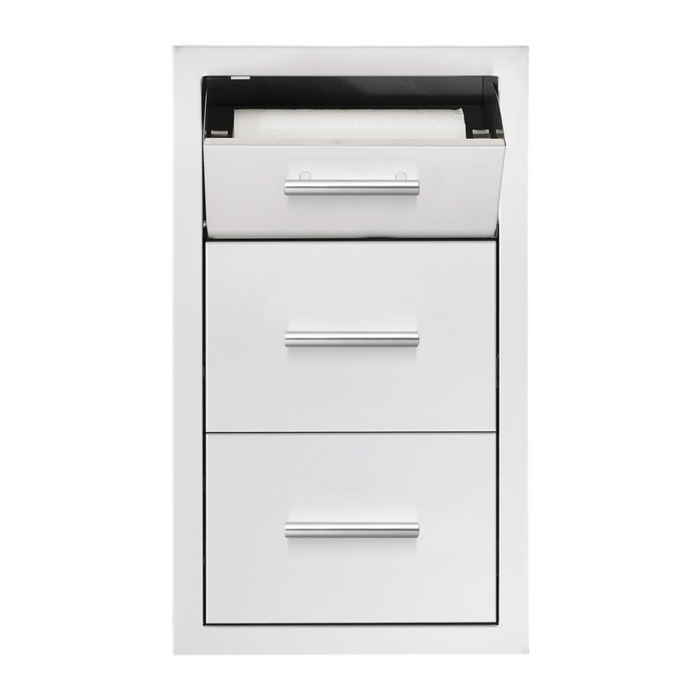 White kitchen cabinet with three drawers on a beige background