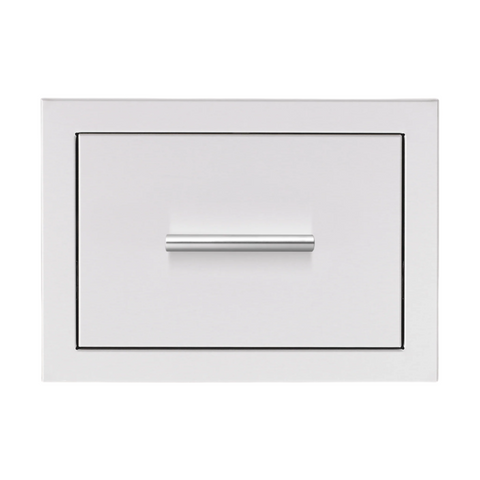 A white, closed Summerset Grills storage drawer with a sleek curved handle, made of stainless steel, designed for outdoor kitchen use. — outdoor living product at Living Outdoorsy