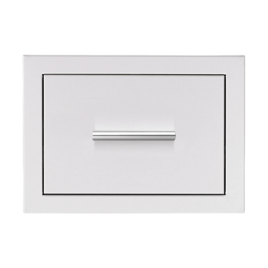 A white, closed Summerset Grills storage drawer with a sleek curved handle, made of stainless steel, designed for outdoor kitchen use.