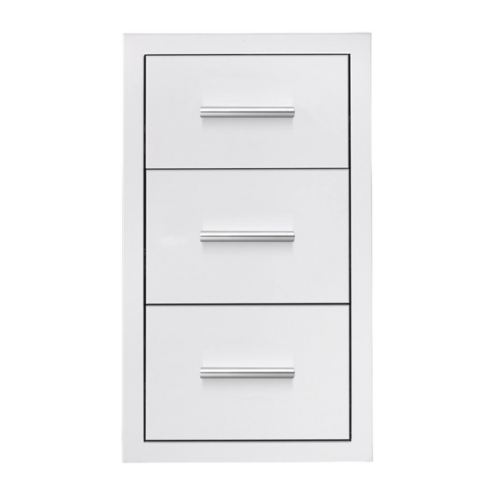 Summerset Grills 17 inch triple storage drawer with sleek curved handles, fully enclosed with stainless steel construction.