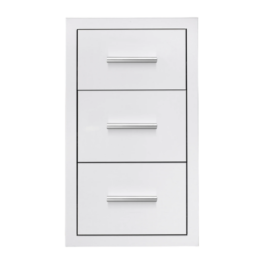 Summerset Grills 17 inch triple storage drawer with sleek curved handles, fully enclosed with stainless steel construction.