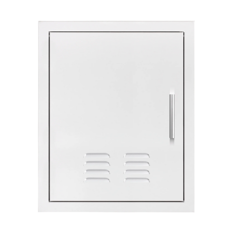 Summerset Grills 18 inch vented vertical access door with a left hinge, featuring a sleek stainless steel finish and a handle on the right side.