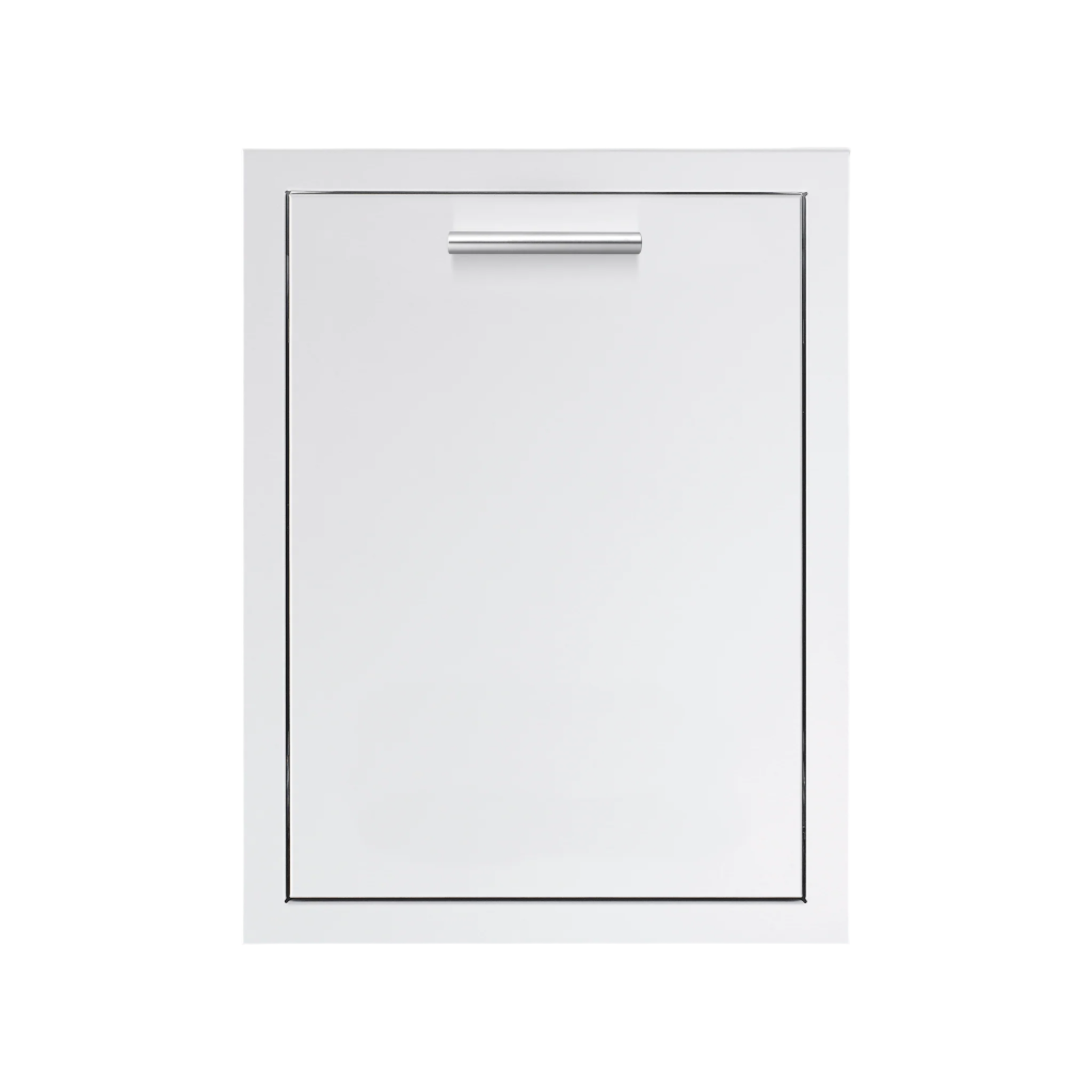 A white, horizontal 20 inch pullout drawer designed for trash and recycling, featuring a sleek curved handle.