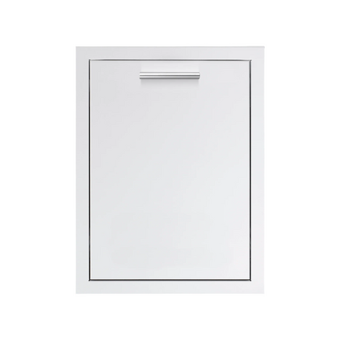 A white, horizontal 20 inch pullout drawer designed for trash and recycling, featuring a sleek curved handle.