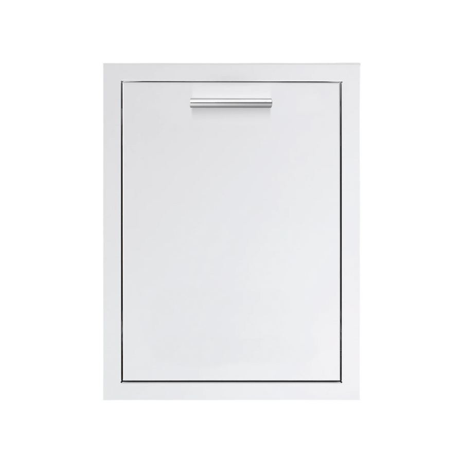 A white, horizontal 20 inch pullout drawer designed for trash and recycling, featuring a sleek curved handle.
