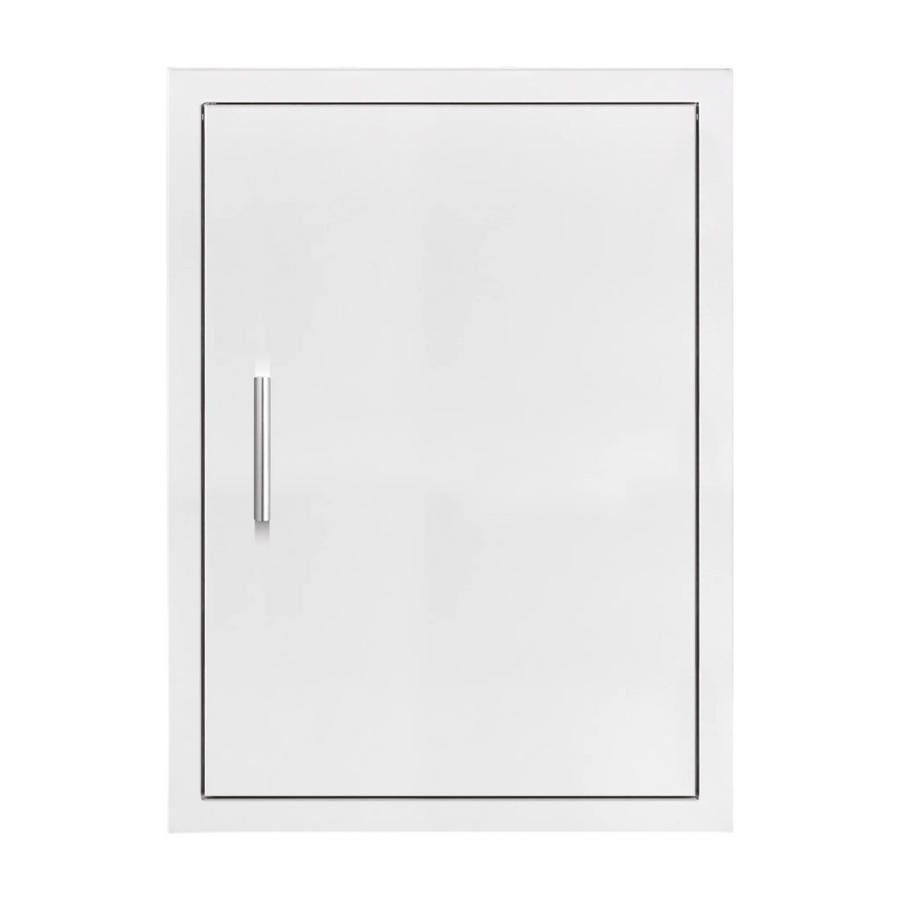 Summerset Grills 20x27 inch vertical access door with a masonry frame return, featuring a stainless steel finish and a curved handle.