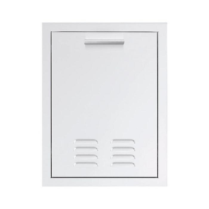 A white, vented outdoor grill drawer made of stainless steel with a sleek handle on top.