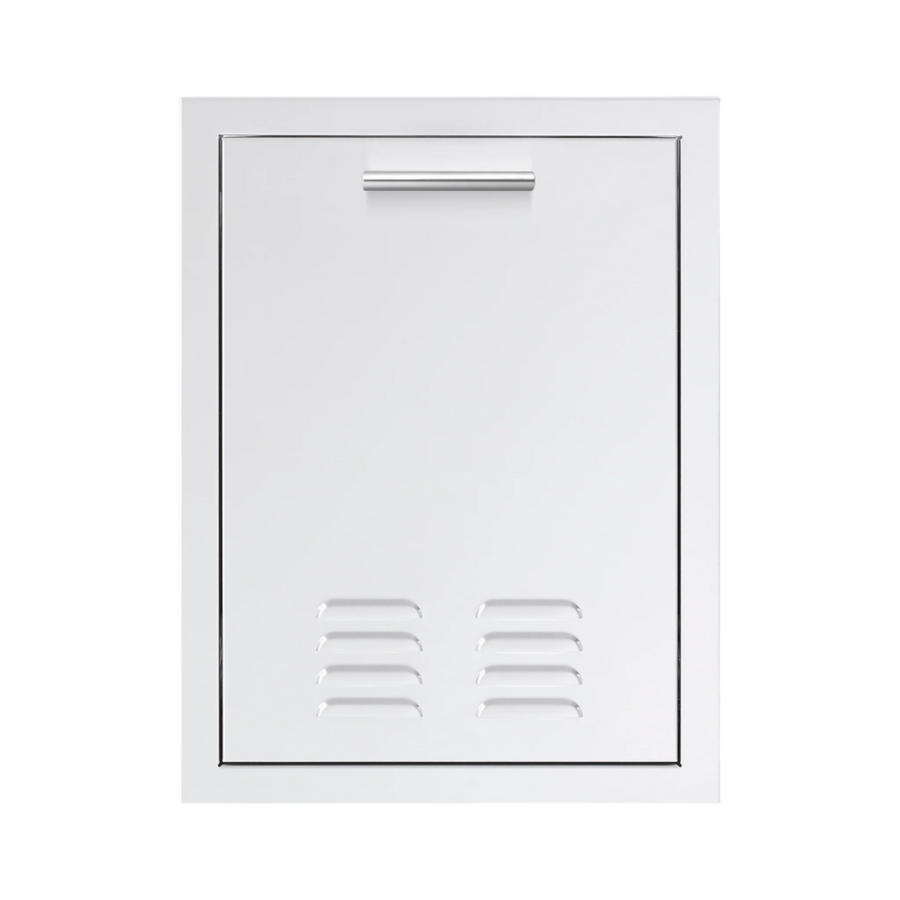 A white, vented outdoor grill drawer made of stainless steel with a sleek handle on top.