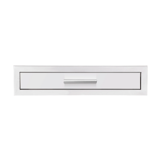 Summerset Grills 26 inch stainless steel utensil storage drawer with a sleek handle.