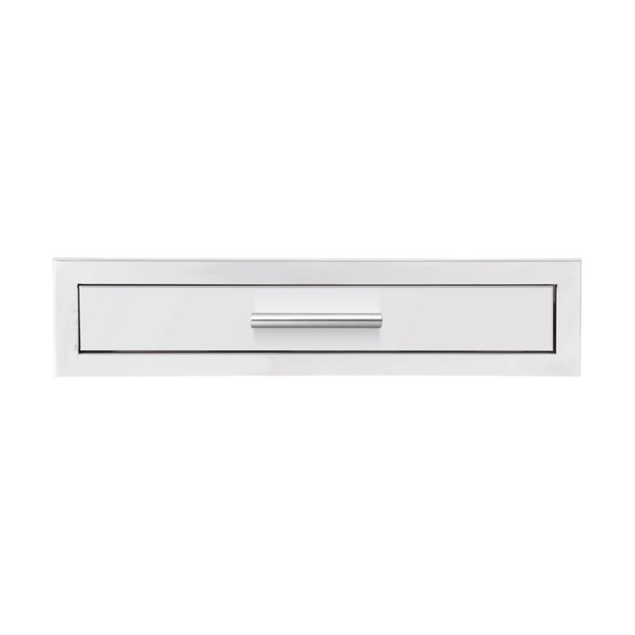 Summerset Grills 26 inch stainless steel utensil storage drawer with a sleek handle.