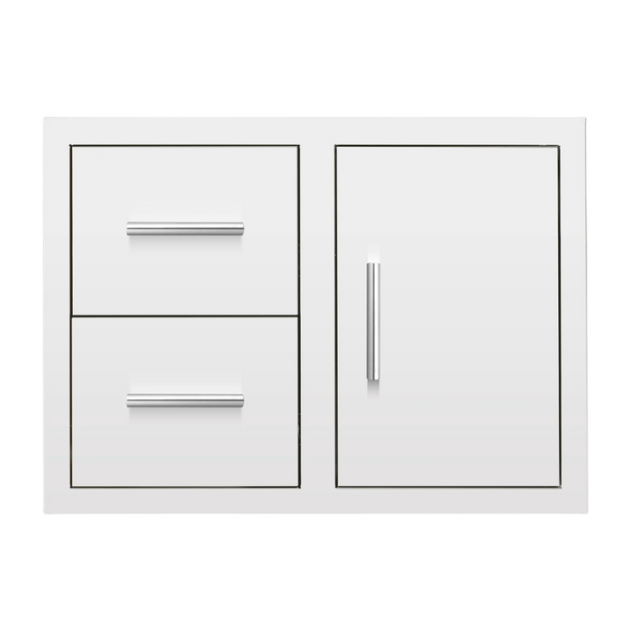 Summerset Grills 30 inch 2-drawer and access door combo, all in white with sleek handles.