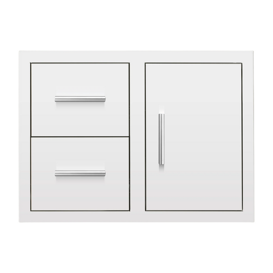 Summerset Grills 33 inch combination of two drawers and one access door with sleek handles, made of stainless steel.