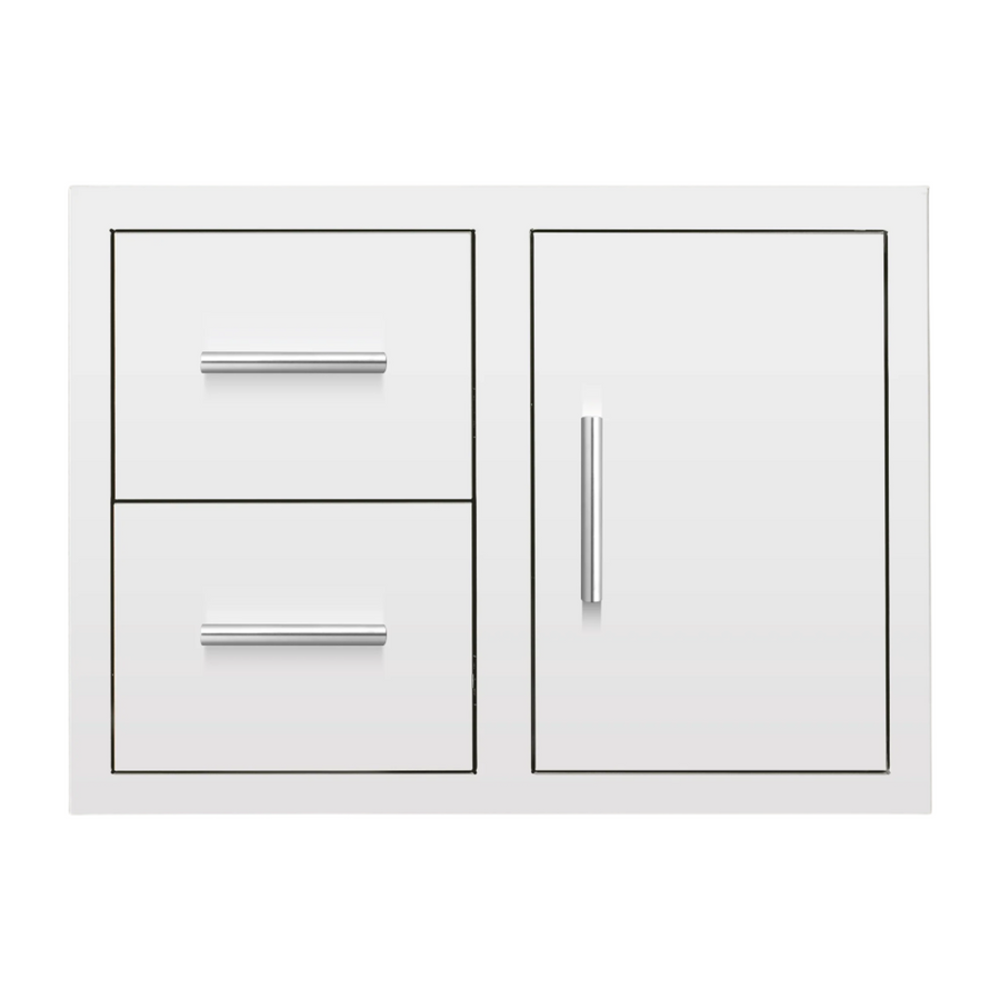 Summerset Grills 33 inch combination of two drawers and one access door with sleek handles, made of stainless steel.