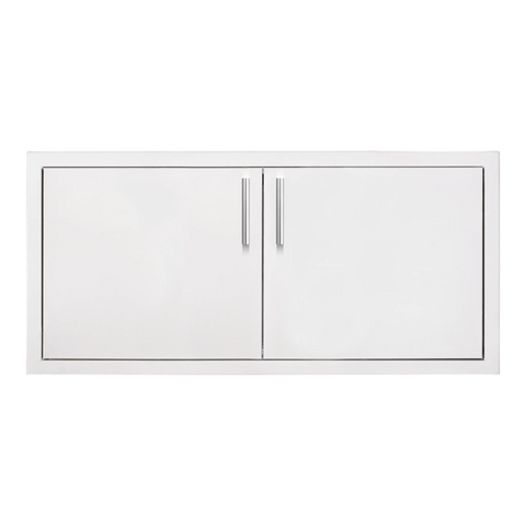 Summerset Grills 36 inch outdoor grill dry storage pantry and access door combo, made of stainless steel with two doors and a central access panel.