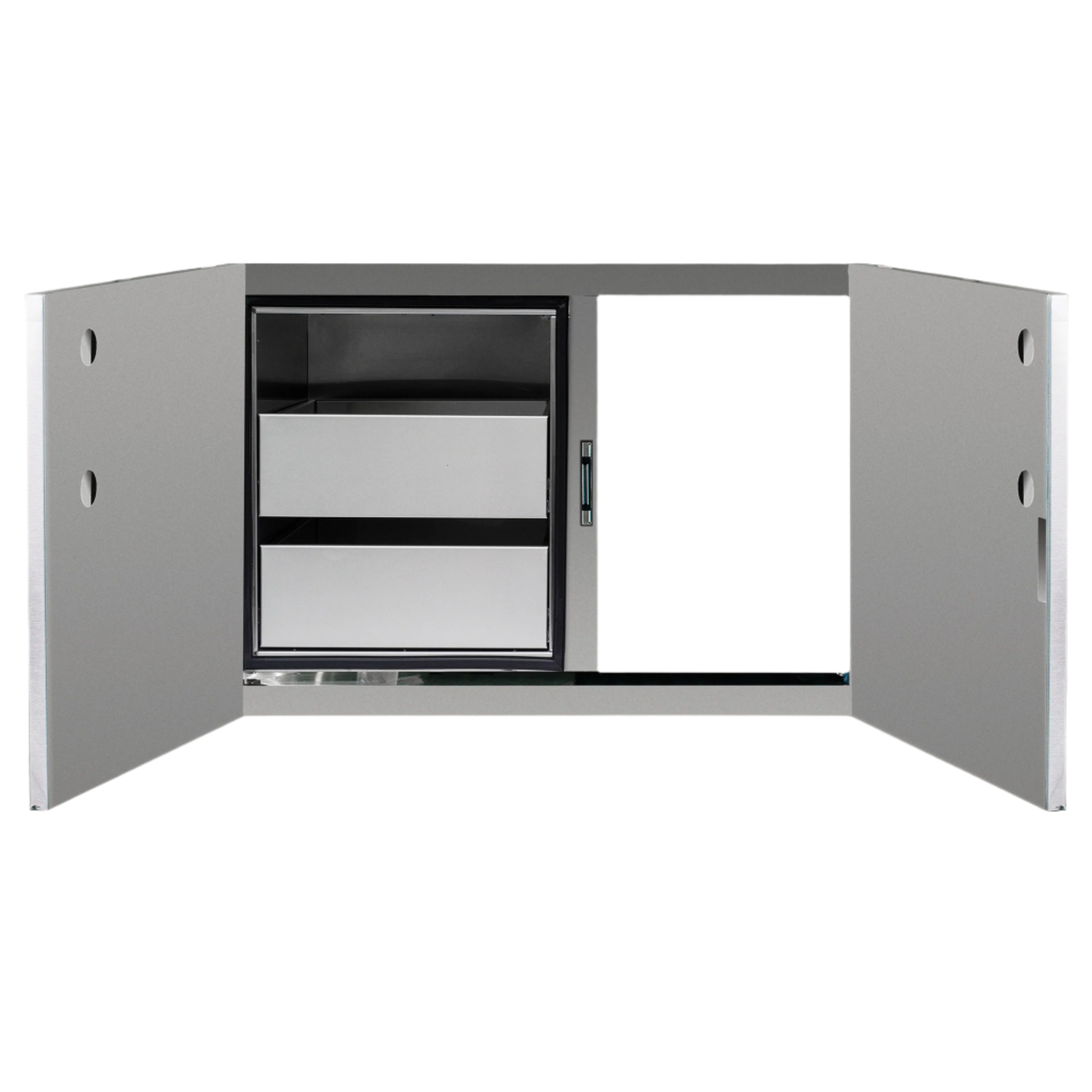 Stainless steel kitchen cabinet with open doors