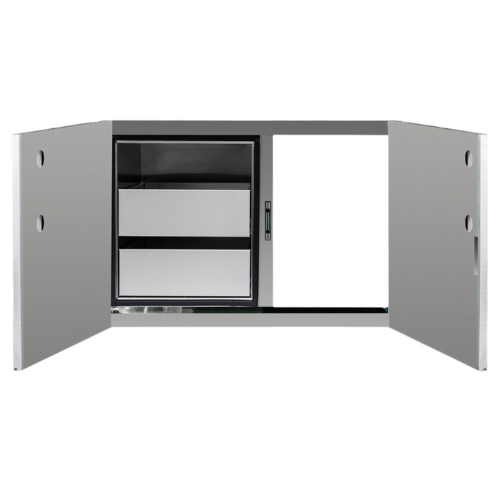 Stainless steel kitchen cabinet with open doors