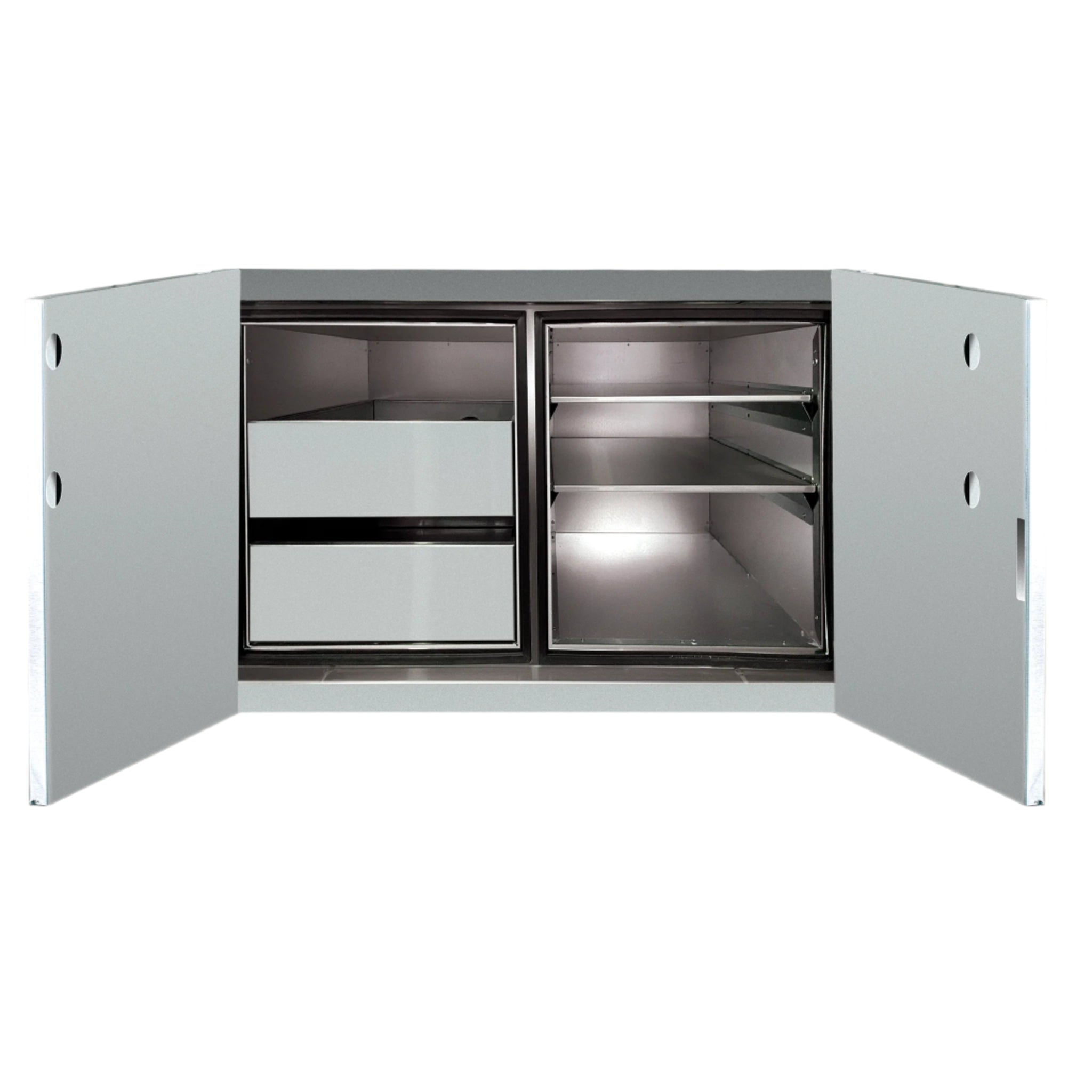 Cabinet with open doors showing interior shelves and drawers on a plain background.